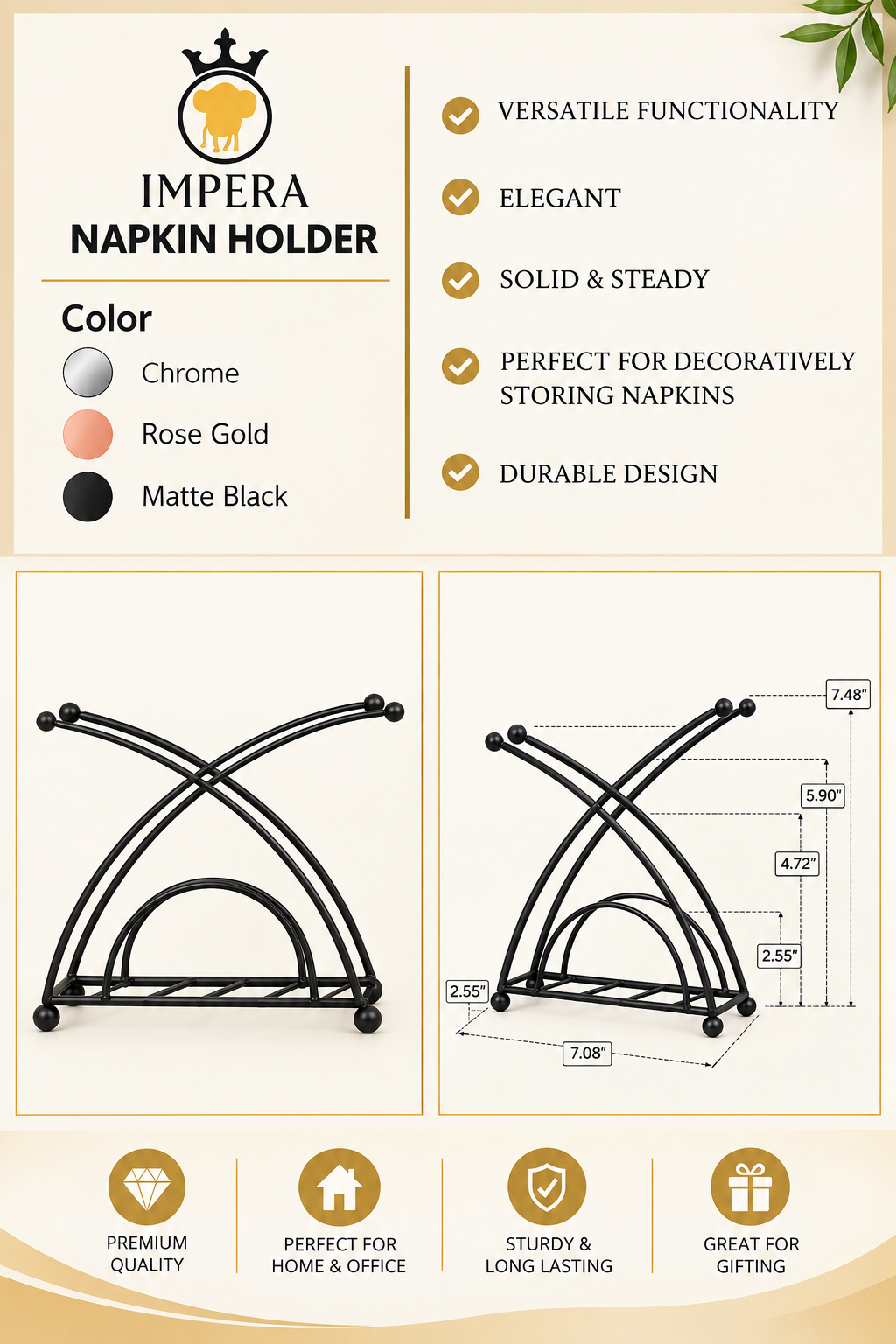 NAPKIN HOLDER - IN 2 COLORS - MATTE BLACK/ROSE GOLD - SOLID & HIGHLY PREMIUM