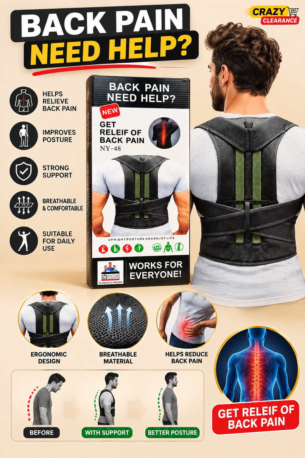 BACK PAIN RELEIF BELT - WORKS FOR EVERYONE - HELPS IN UPRIGHTING POSTURE - SMALL SIZE