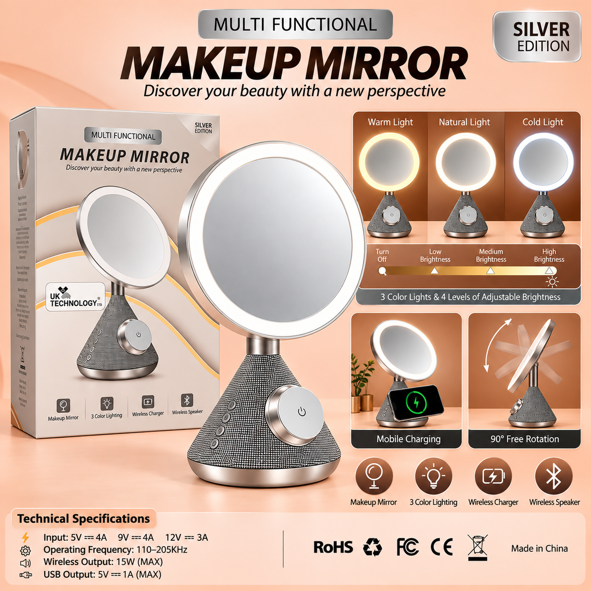 MAKEUP MIRROR - 3 COLOR LIGHTING, WIRELESS CHARGER & WIRELESS SPEAKER