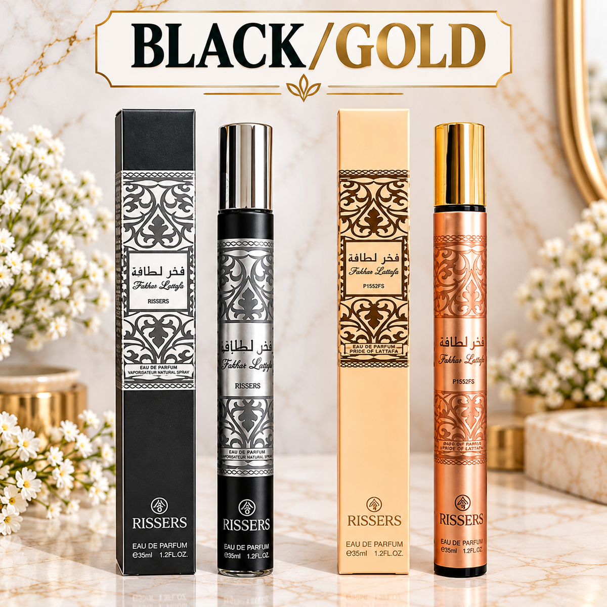 Fabber Lauafa Rissers Travel Perfume – Black/Gold 35ml Eau de Parfum for Men & Women