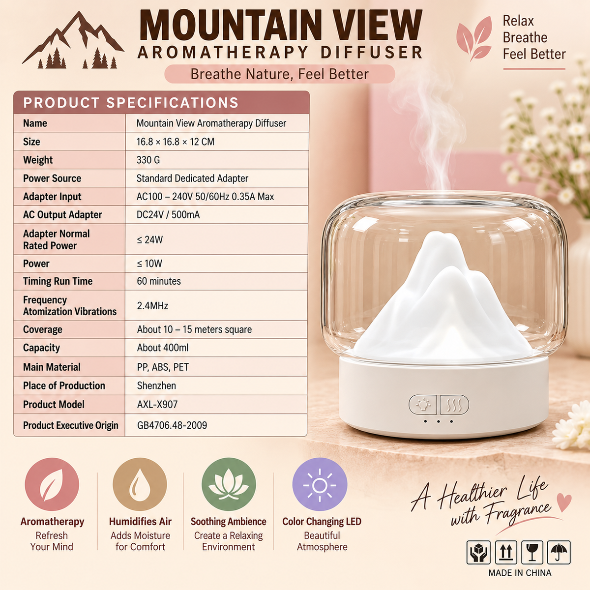 MOUNTAIN VIEW AROMATHERAPY DIFFUSER - BREATHE NATURE & FEEL BETTER