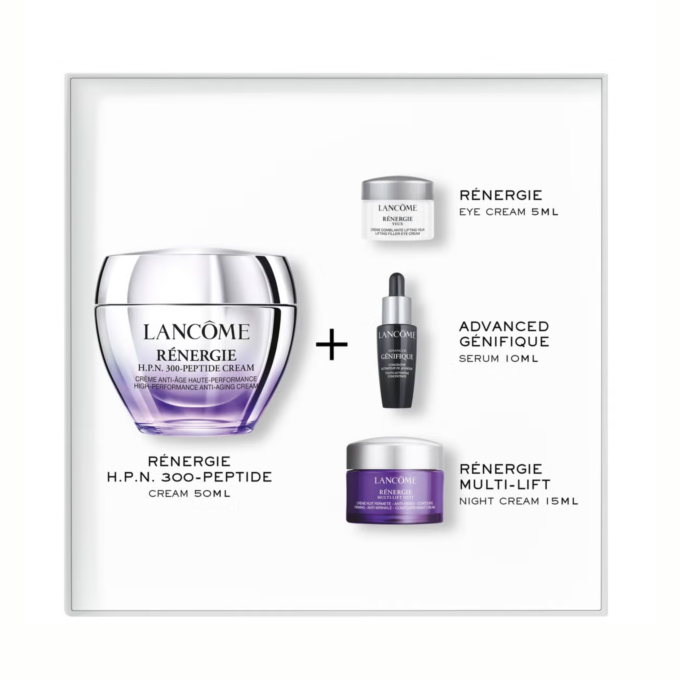 Lancôme Anti-Ageing 4-Step Skincare Routine Set – Génifique Serum, Rénergie Eye Cream, Peptide Cream & Night Cream