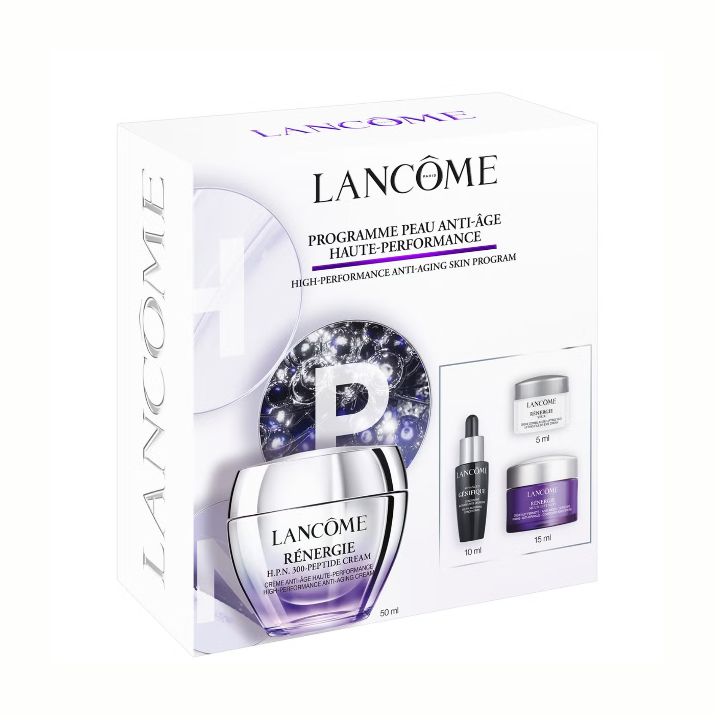 Lancôme Anti-Ageing 4-Step Skincare Routine Set – Génifique Serum, Rénergie Eye Cream, Peptide Cream & Night Cream