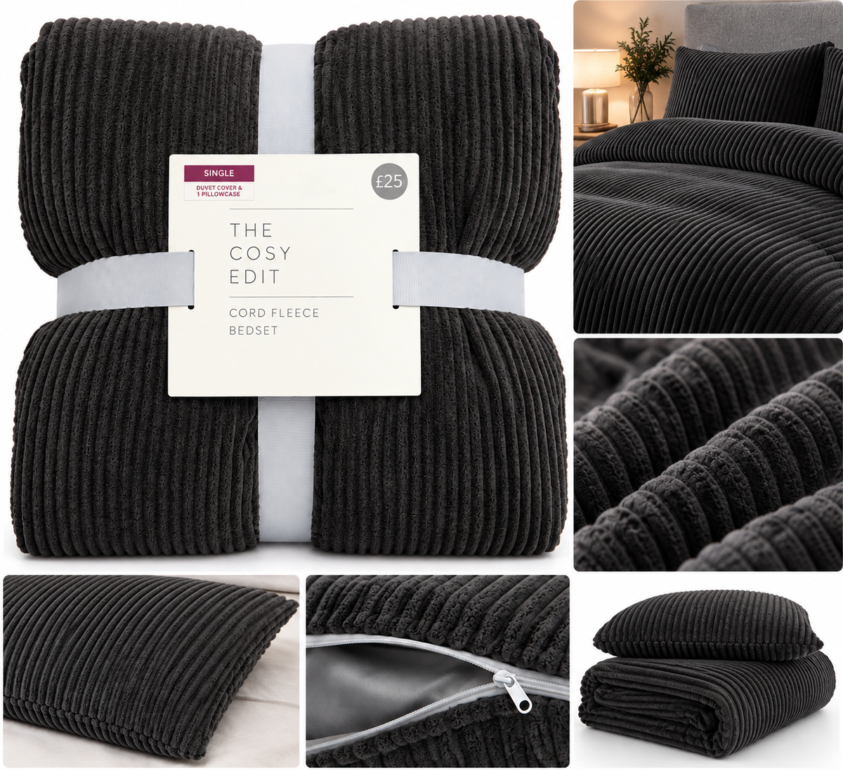 Luxury Cord Fleece Duvet Cover & Pillowcase Set – Charcoal Grey – Super Soft Cosy Bedding – Single