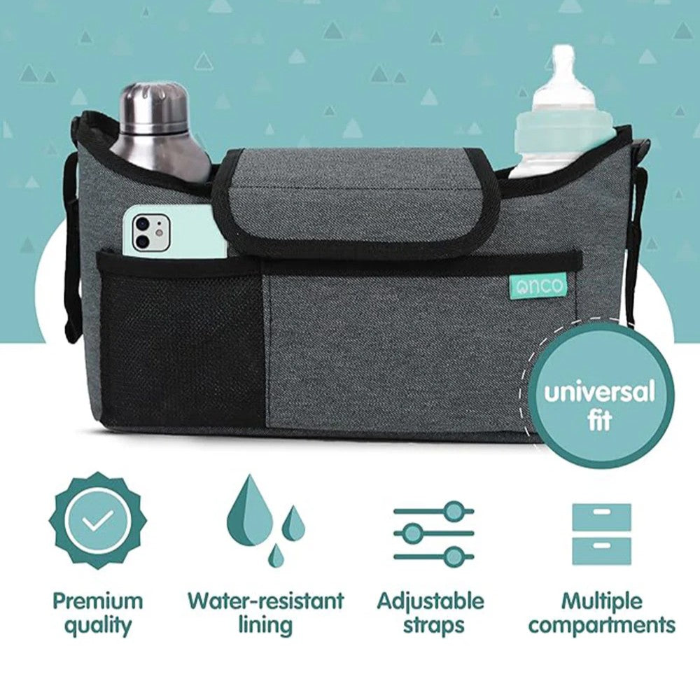 Onco Pram Organiser – Stroller Storage Bag with Cup Holders & Multi-Compartment Design