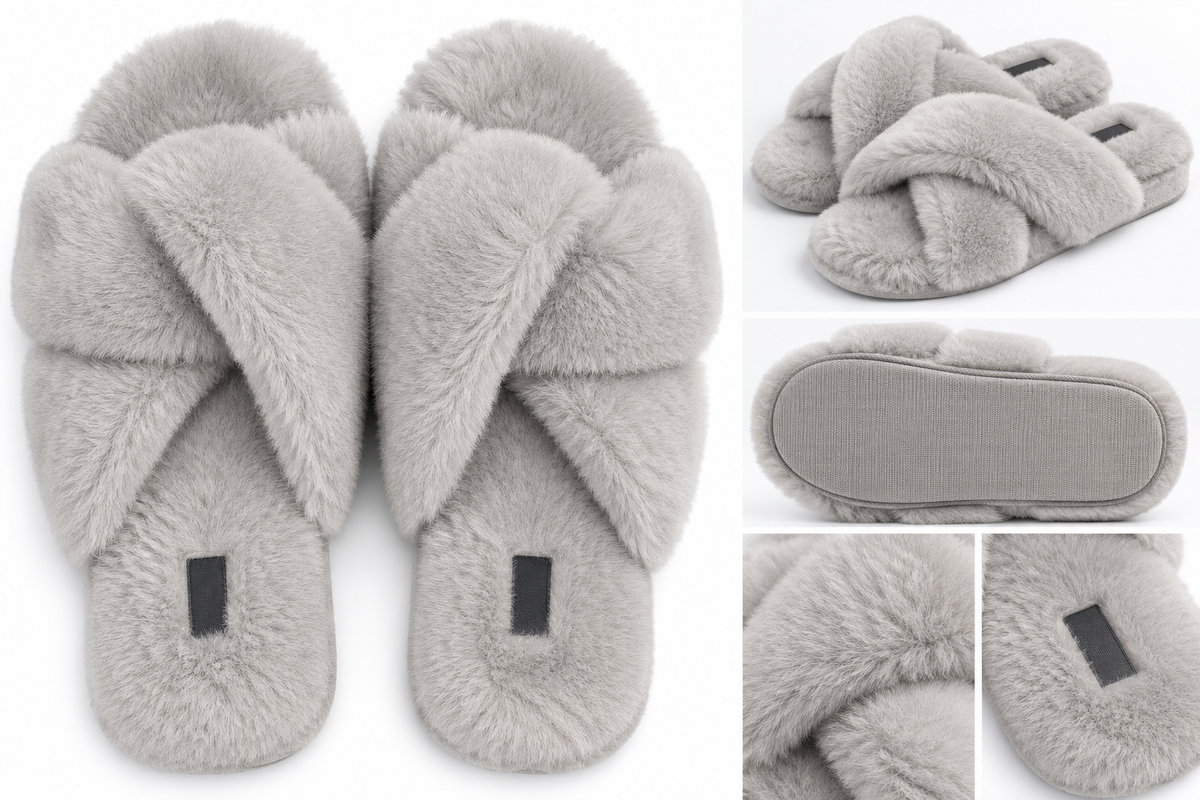 Luxury Soft Faux Fur Cross Strap Slippers – Light Grey – UK Size 5