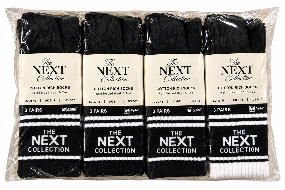 The Next Collection Cotton Rich Sports Socks – Black & White | 12 Pairs | UK 6–11
