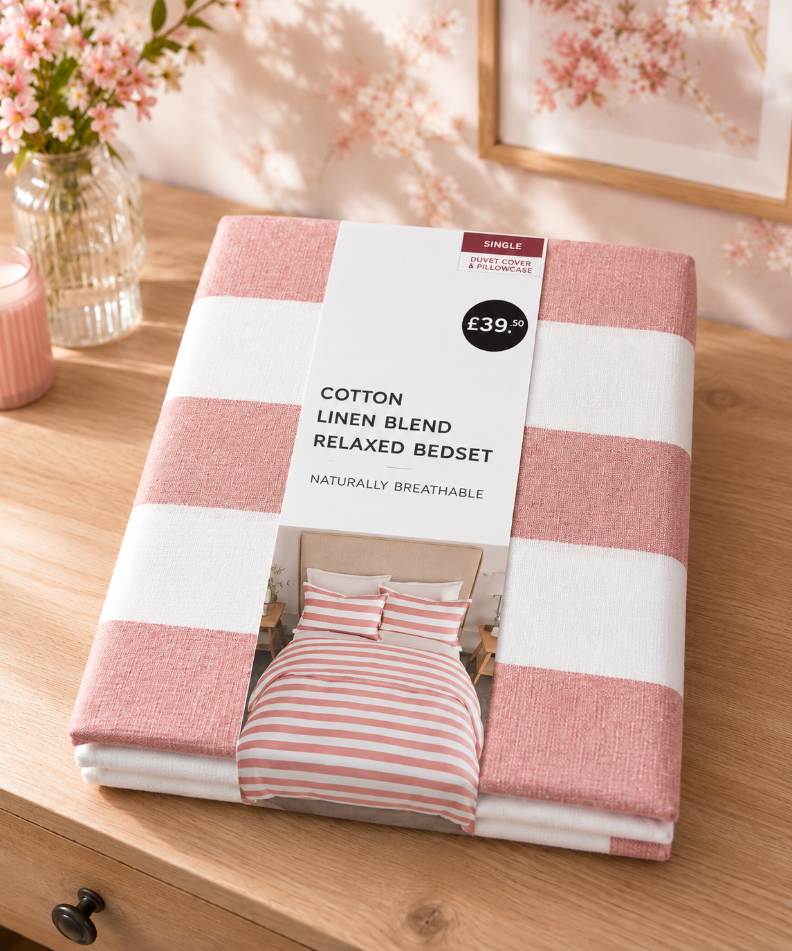 HIGH ST BRAND - PINK COTTON BEDSET - DUVET COVER + PILLOW CASE - SINGLE/KING