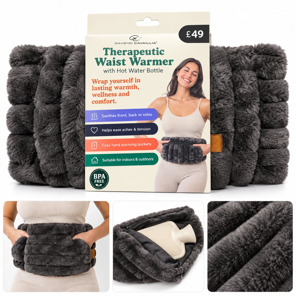 Gaveno Cavailia Therapeutic Waist Warmer with Hot Water Bottle – Luxury Faux Fur Wrap – Charcoal Grey