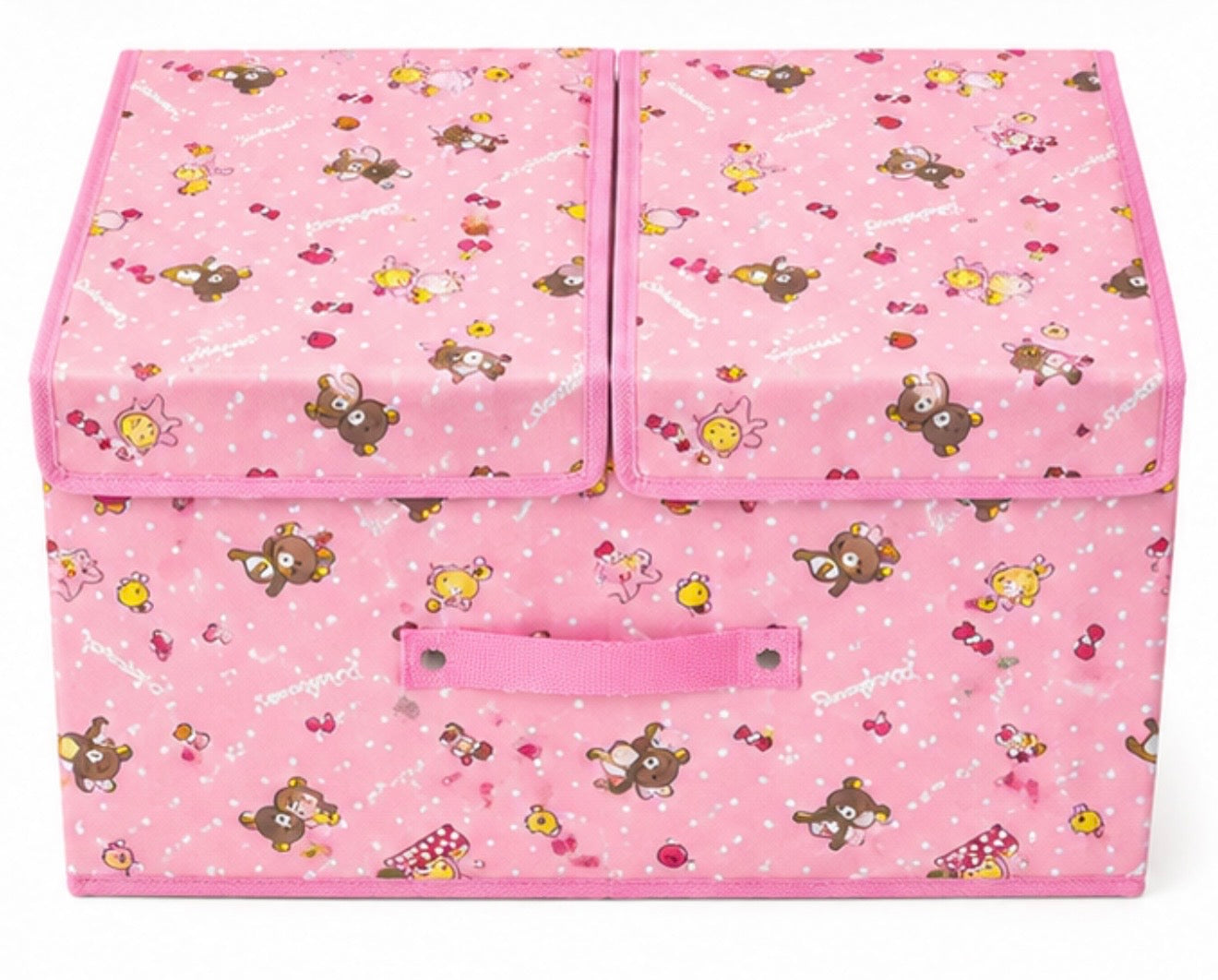 Kids Foldable Storage Box with Divider & Lid – Pink Cartoon Design