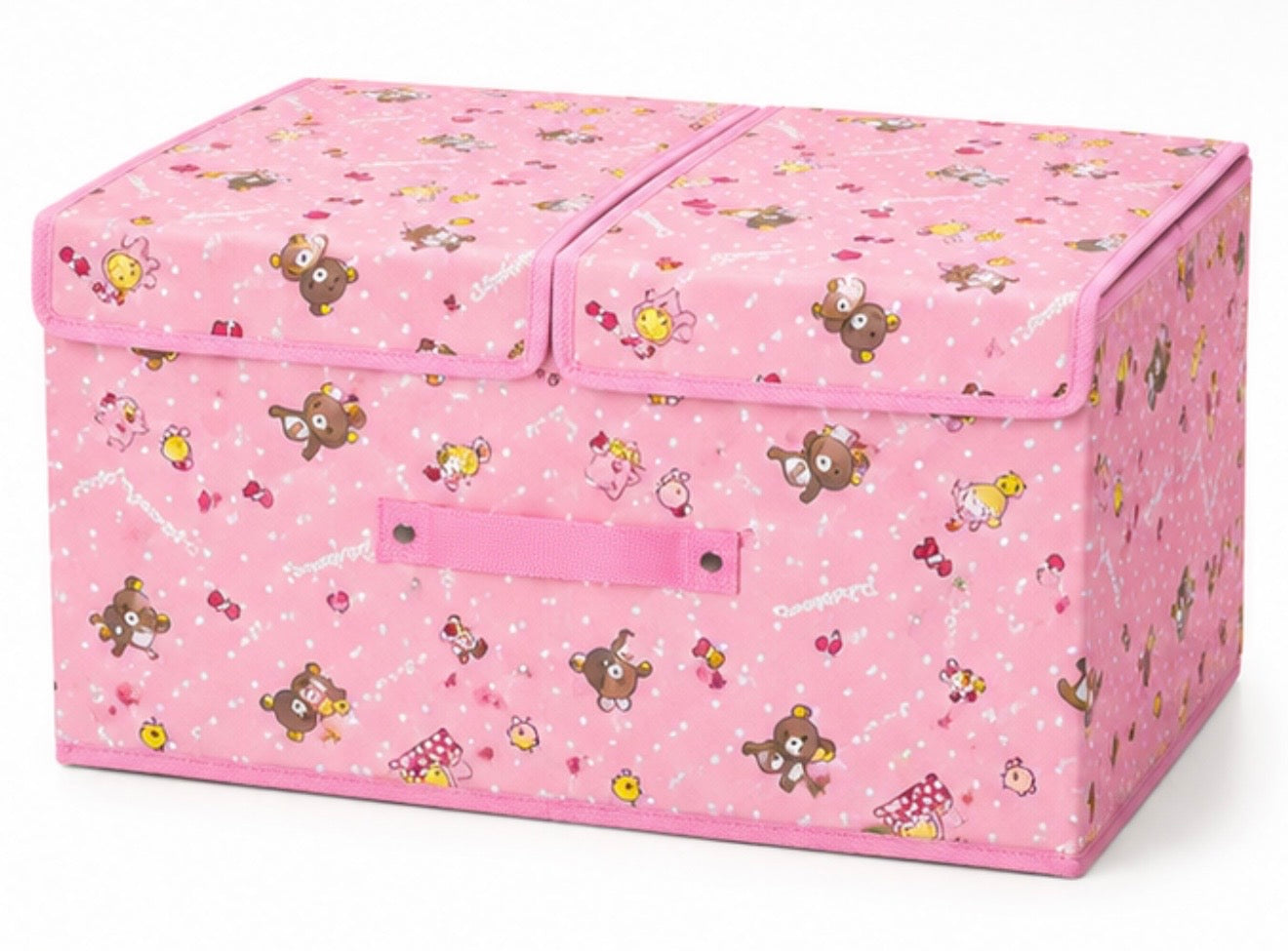 Kids Foldable Storage Box with Divider & Lid – Pink Cartoon Design