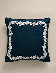 High Street Pure Cotton Embroidered Border Cushion – Feather Filled Decorative Floral Cushion
