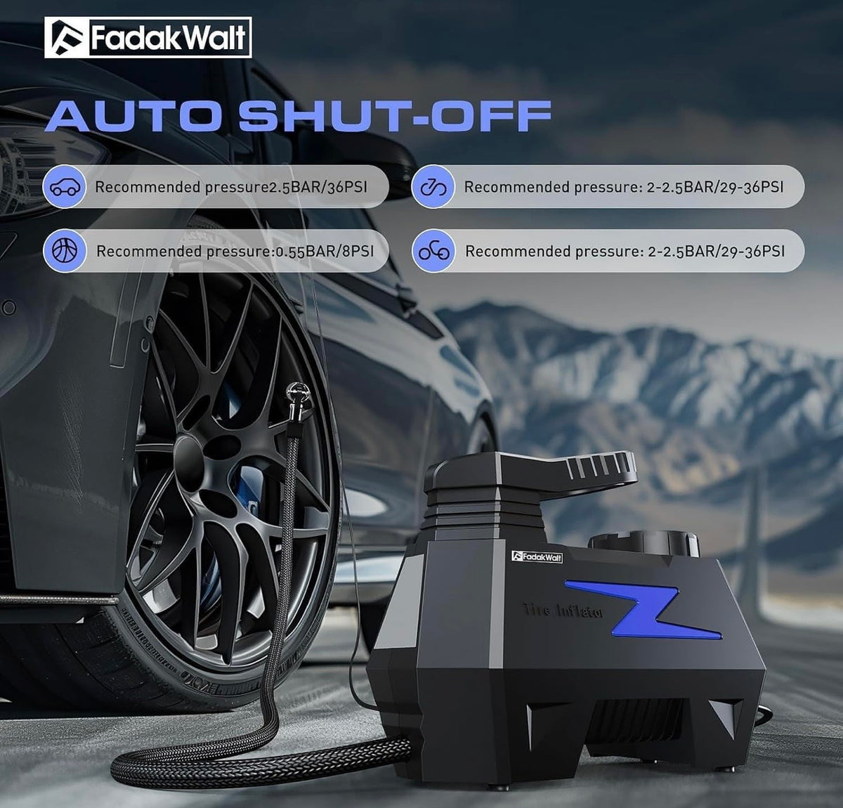 Fadakwalt Tyre Inflator Portable Air Compressor, 12V DC Car Air Pump with Auto Shutoff, 150 PSI Digital Gauge, LED Light, Metal Valve Connector, Accessories for Cars