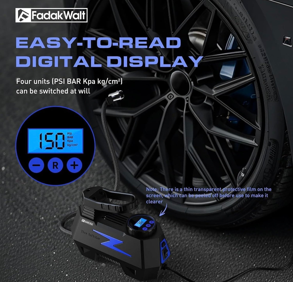 Fadakwalt Tyre Inflator Portable Air Compressor, 12V DC Car Air Pump with Auto Shutoff, 150 PSI Digital Gauge, LED Light, Metal Valve Connector, Accessories for Cars