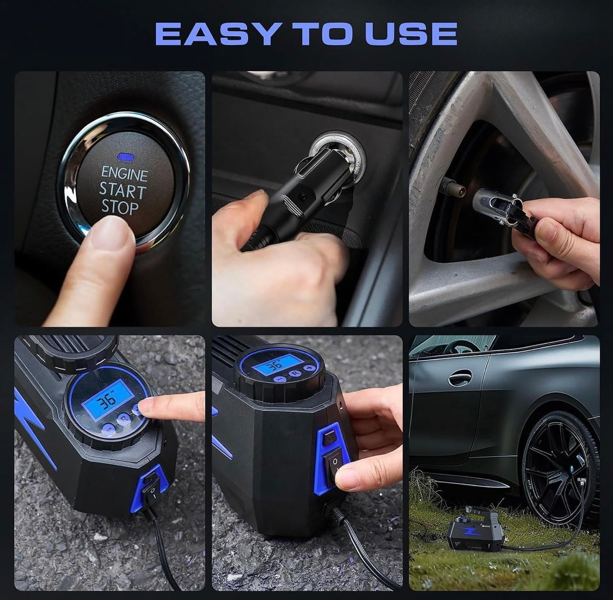 Fadakwalt Tyre Inflator Portable Air Compressor, 12V DC Car Air Pump with Auto Shutoff, 150 PSI Digital Gauge, LED Light, Metal Valve Connector, Accessories for Cars