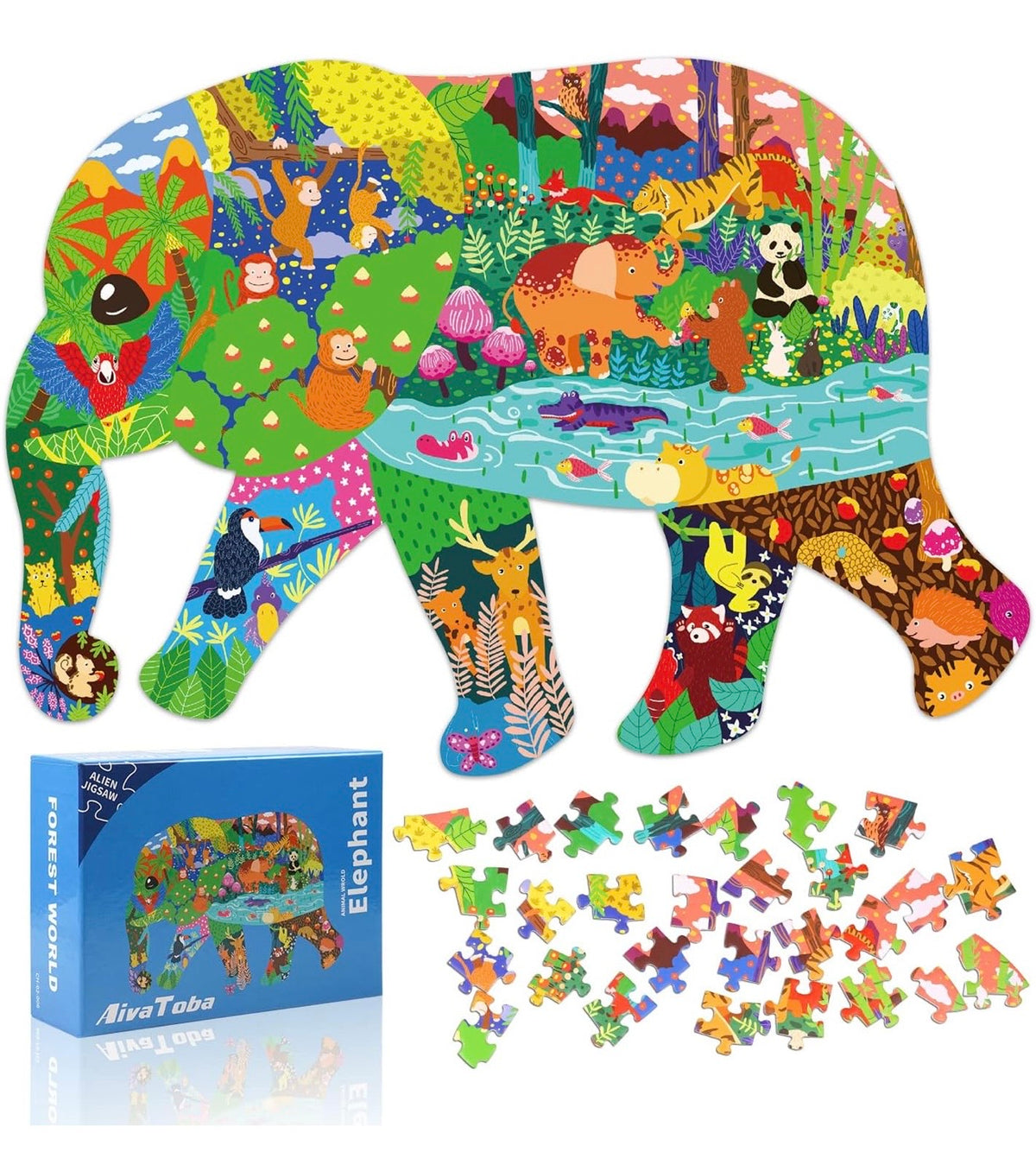 Elephant Shaped Jigsaw Puzzle – Colourful Wildlife & Jungle Design – Ages 14+