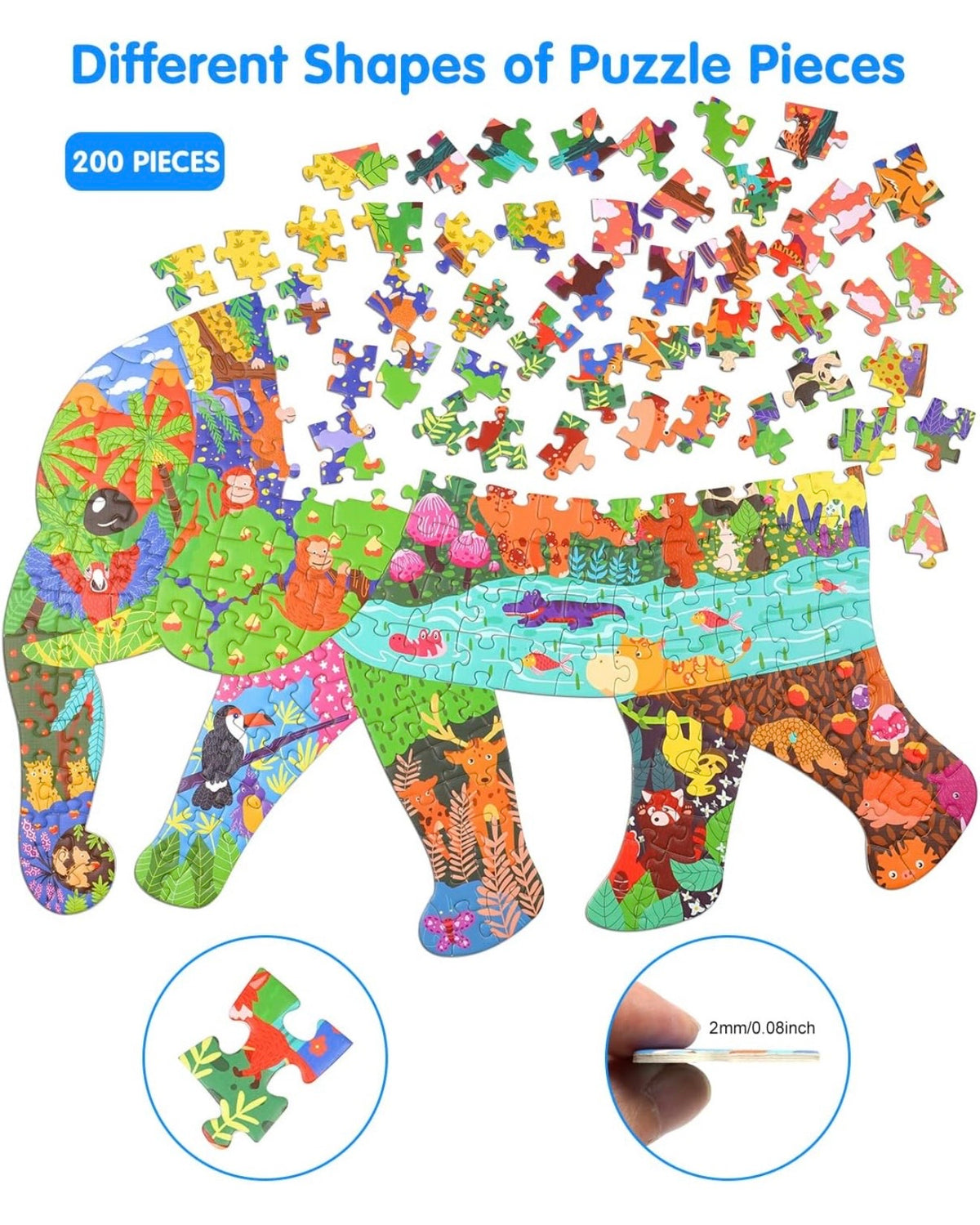 Elephant Shaped Jigsaw Puzzle – Colourful Wildlife & Jungle Design – Ages 14+