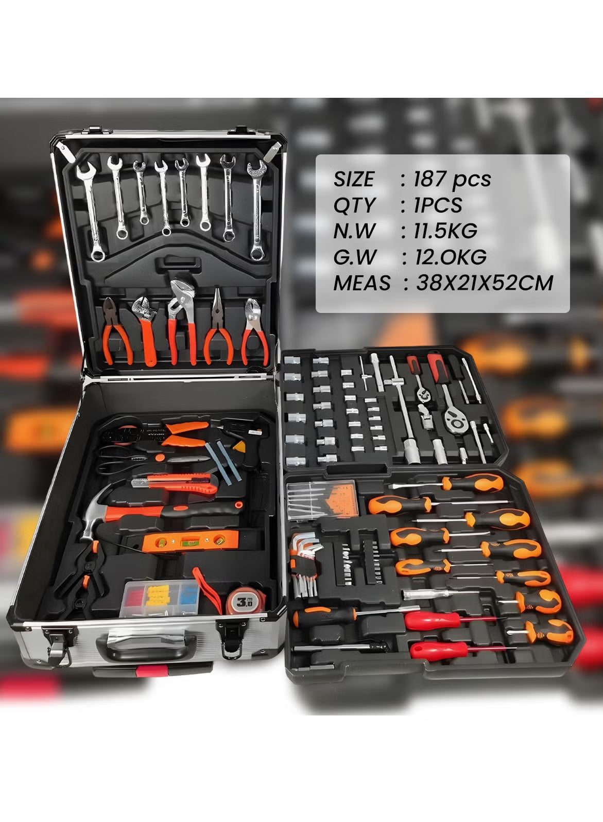 Auto King 187 PCS Professional Tool Set, Chrome Vanadium Steel Tools, Combination Wrenches, Trolley Case for Home, Garage, Workshop