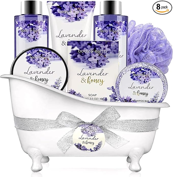 BODY & EARTH- 8 Pcs Lavender Gift Sets for Women, Includes Shower Gel, Bubble Bath, Spa Sets for Women Gifts, Birthday Gifts for Her, Valentines Gifts for Her