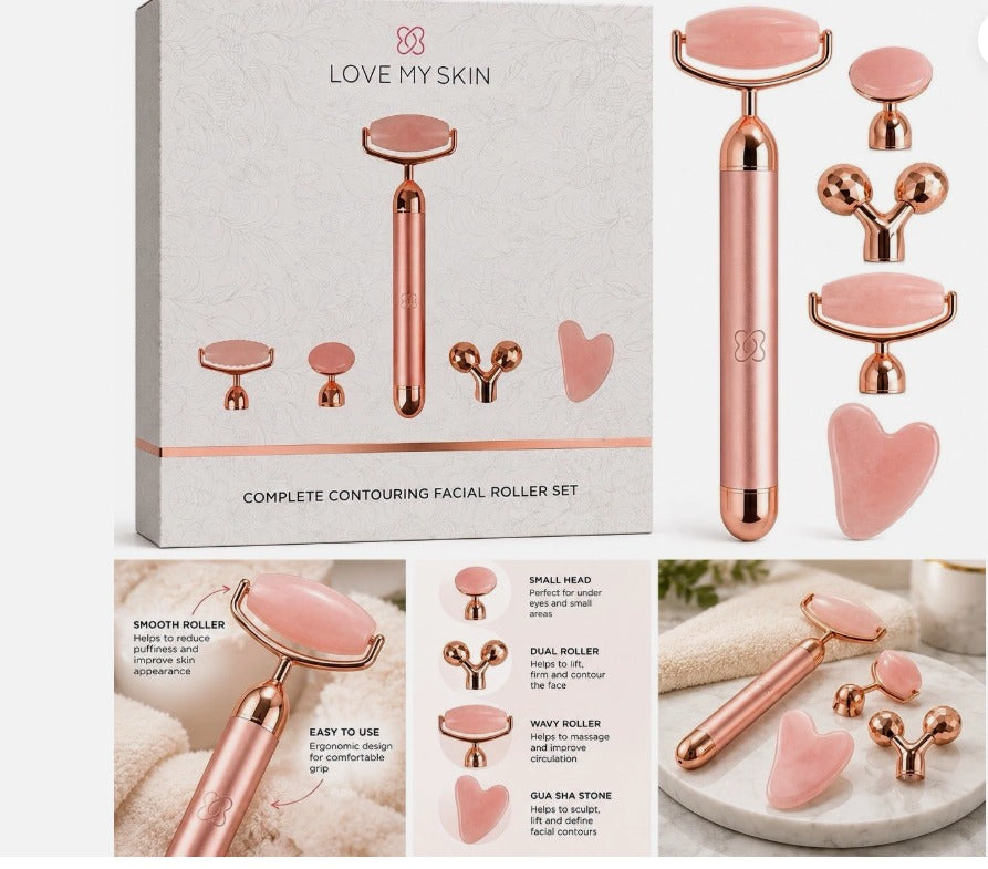 Love My Skin Complete Contouring Facial Roller Set – Rose Gold & Pink