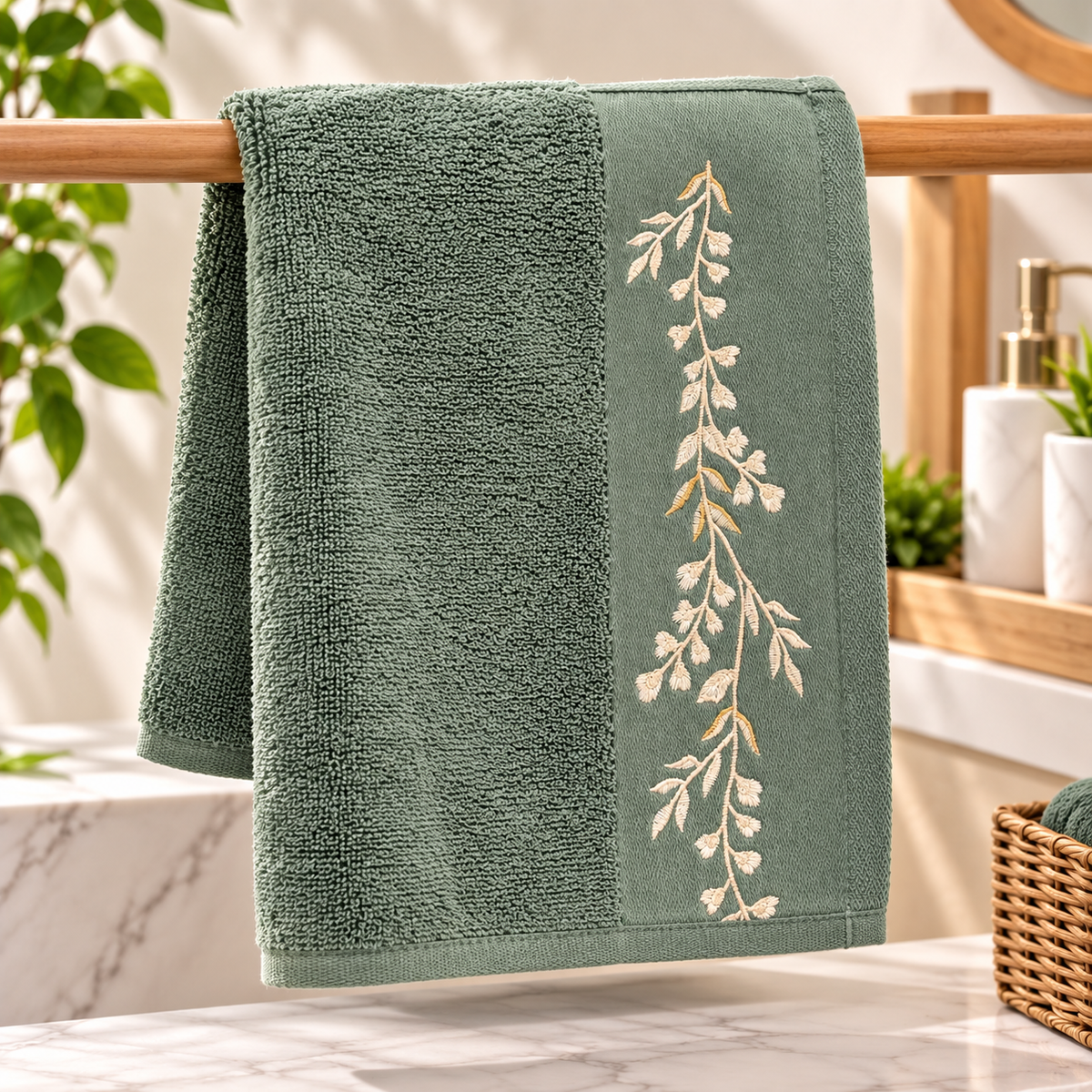 High St Premium Brand, Luxury Green Embroidered Pure Cotton Hand Towel – 50 × 90 CM