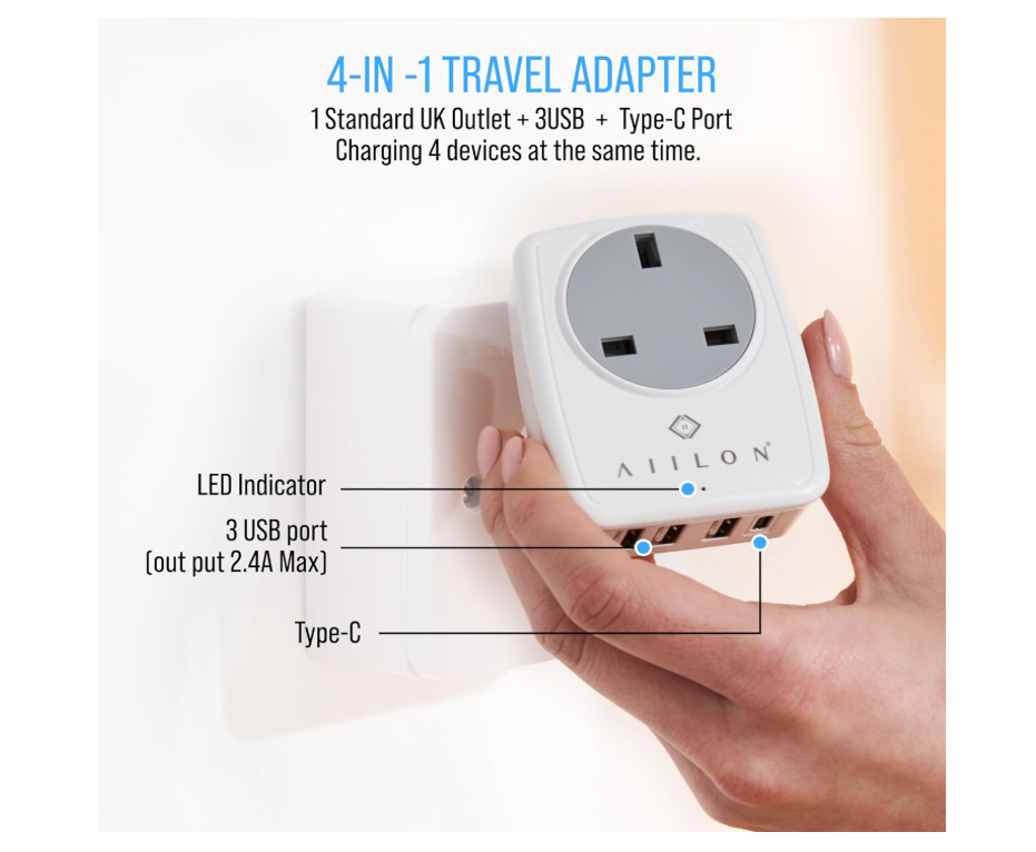 4-in-1 UK to Europe Travel Adapter Plug with USB & USB-C – European Multi USB Charger