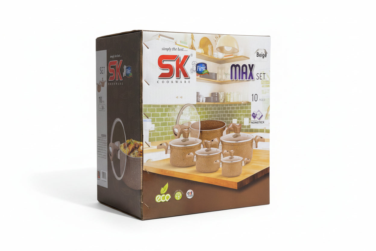 SK Cookware MAX Set – 10-Piece Non-Stick Aluminium Cookware Set (Beige)