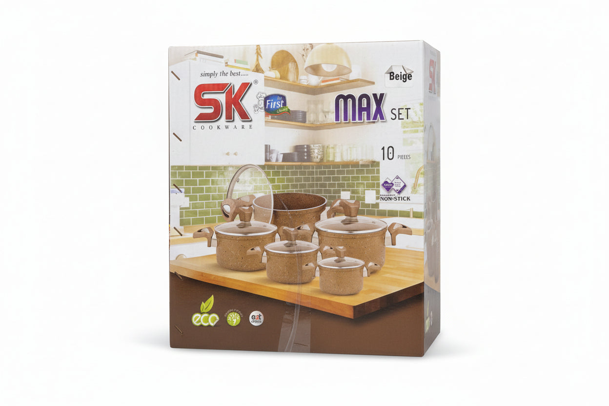 SK Cookware MAX Set – 10-Piece Non-Stick Aluminium Cookware Set (Beige)