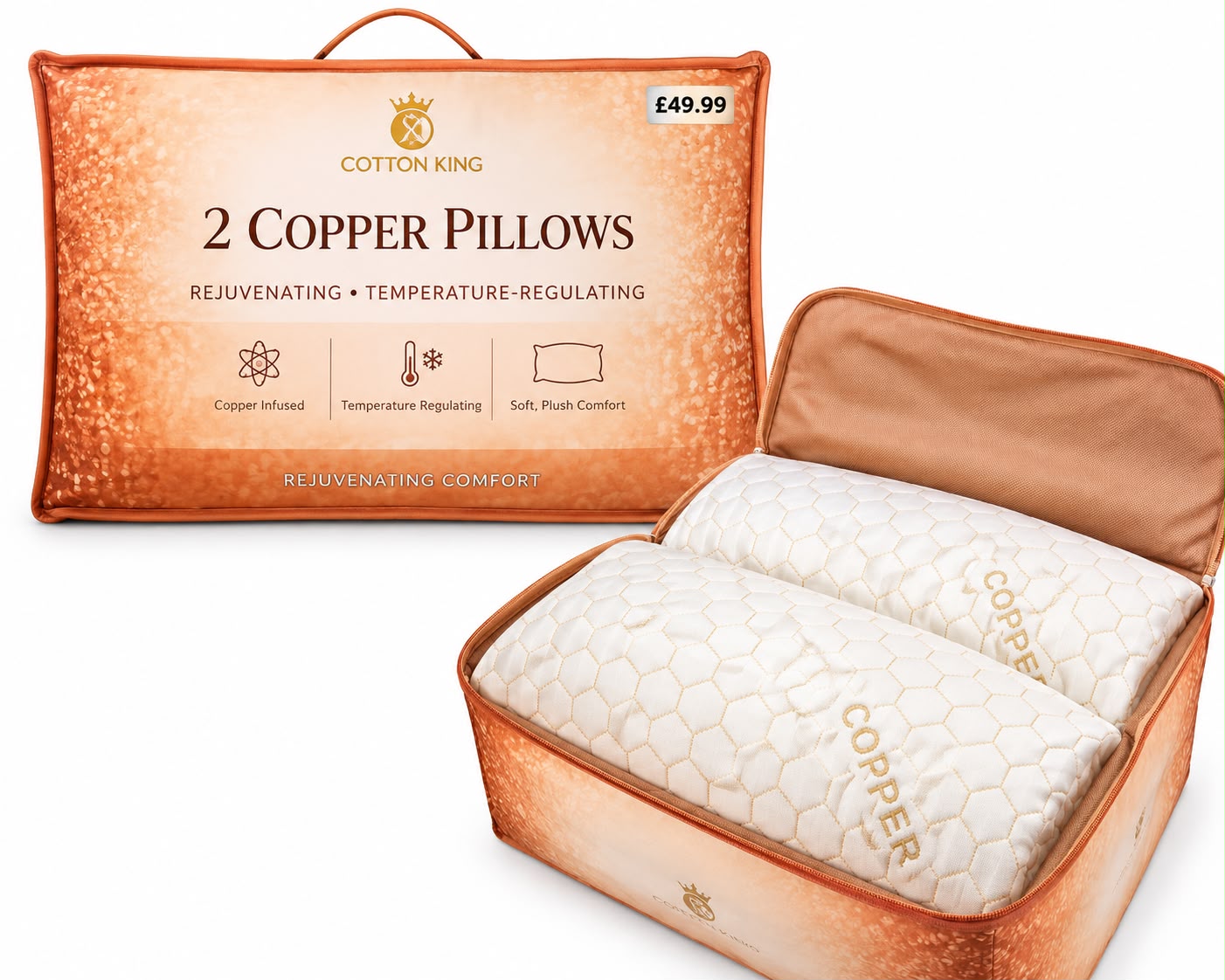 COPPER PILLOW SET - PACK OF 2 - COPPER INFUSED & TEMPERATURE-REGULATING by Cotton King