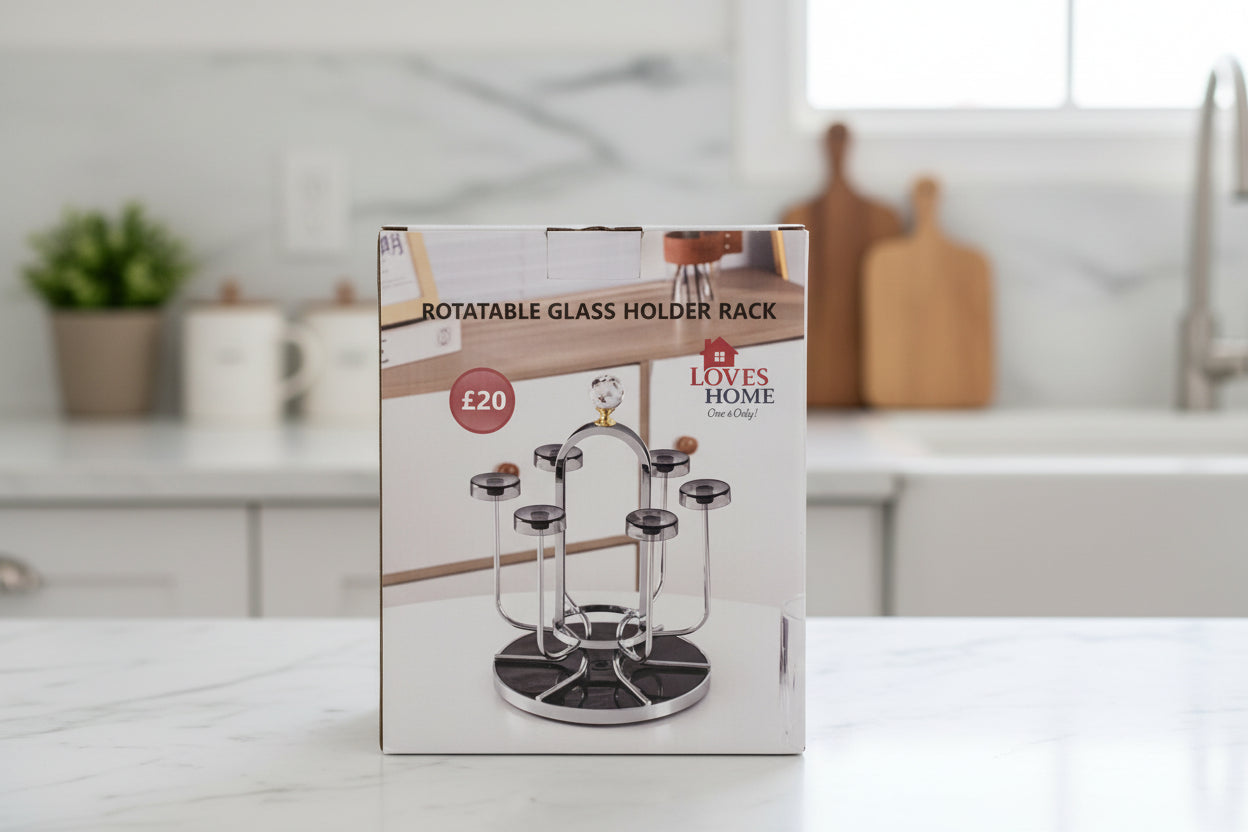 Rotatable Stainless Steel Glass Holder Rack – 6 Cup Stand | Loves Home (DS19076)
