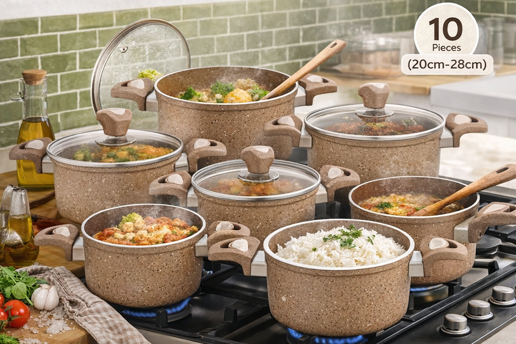 SK Cookware MAX Set – 10-Piece Non-Stick Aluminium Cookware Set (Beige)