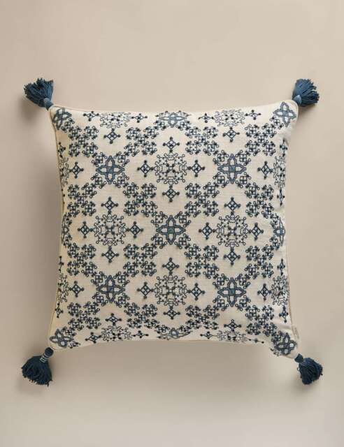 High Street Pure Cotton Embroidered Tassel Cushion – Blue Mix Geometric Decorative Cushion