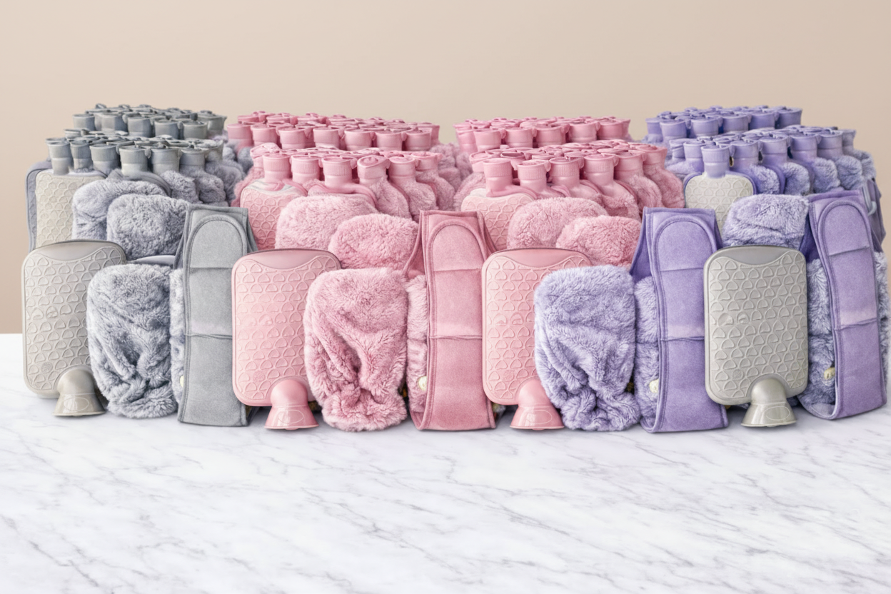 30 Pack Hot Water Bottles with Plush Cover & Waist Strap – Multi-Colour (Pink, Purple & Grey)