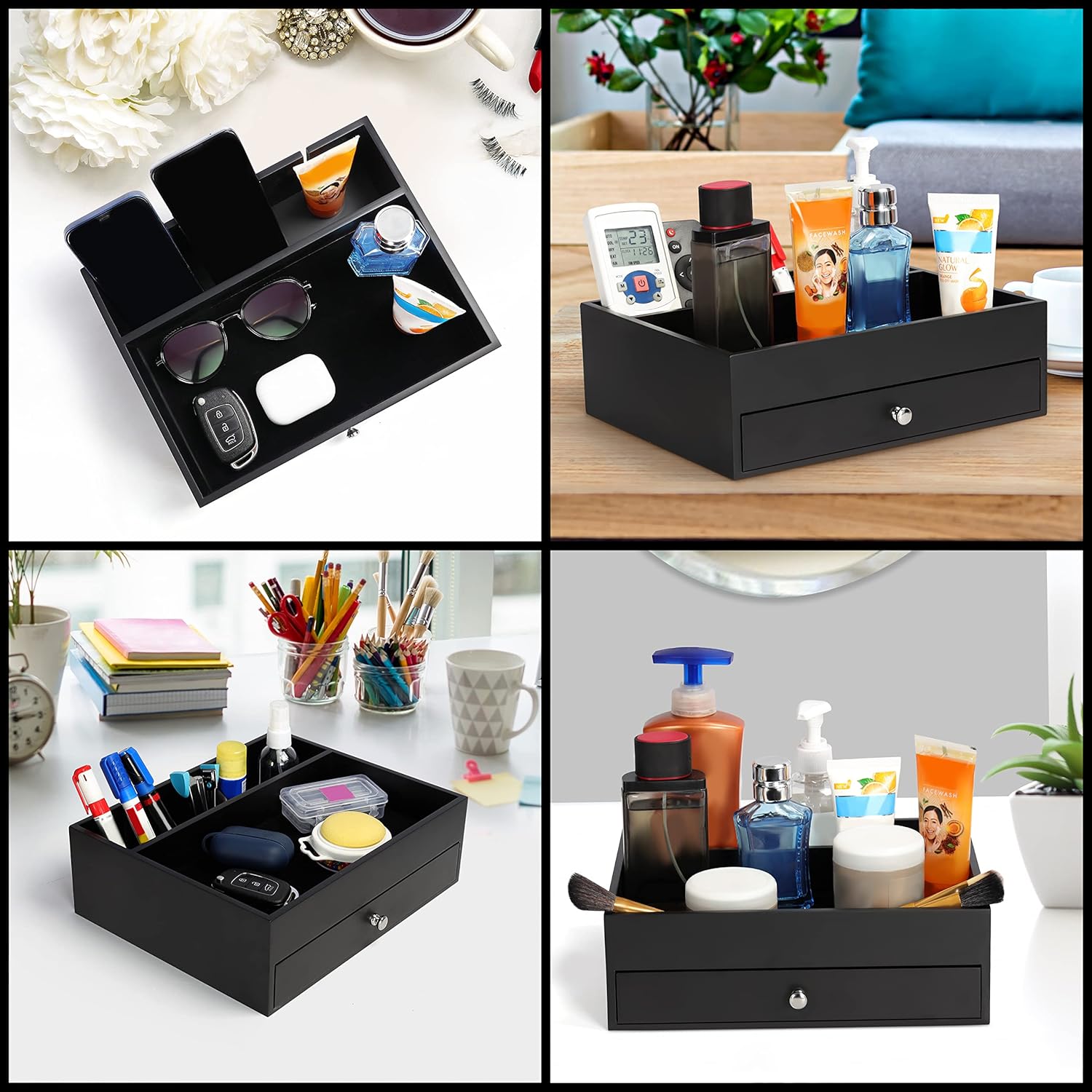 Black Leatherette Desk Valet Tray with Drawer- (BELLE VOUS-BLV5)