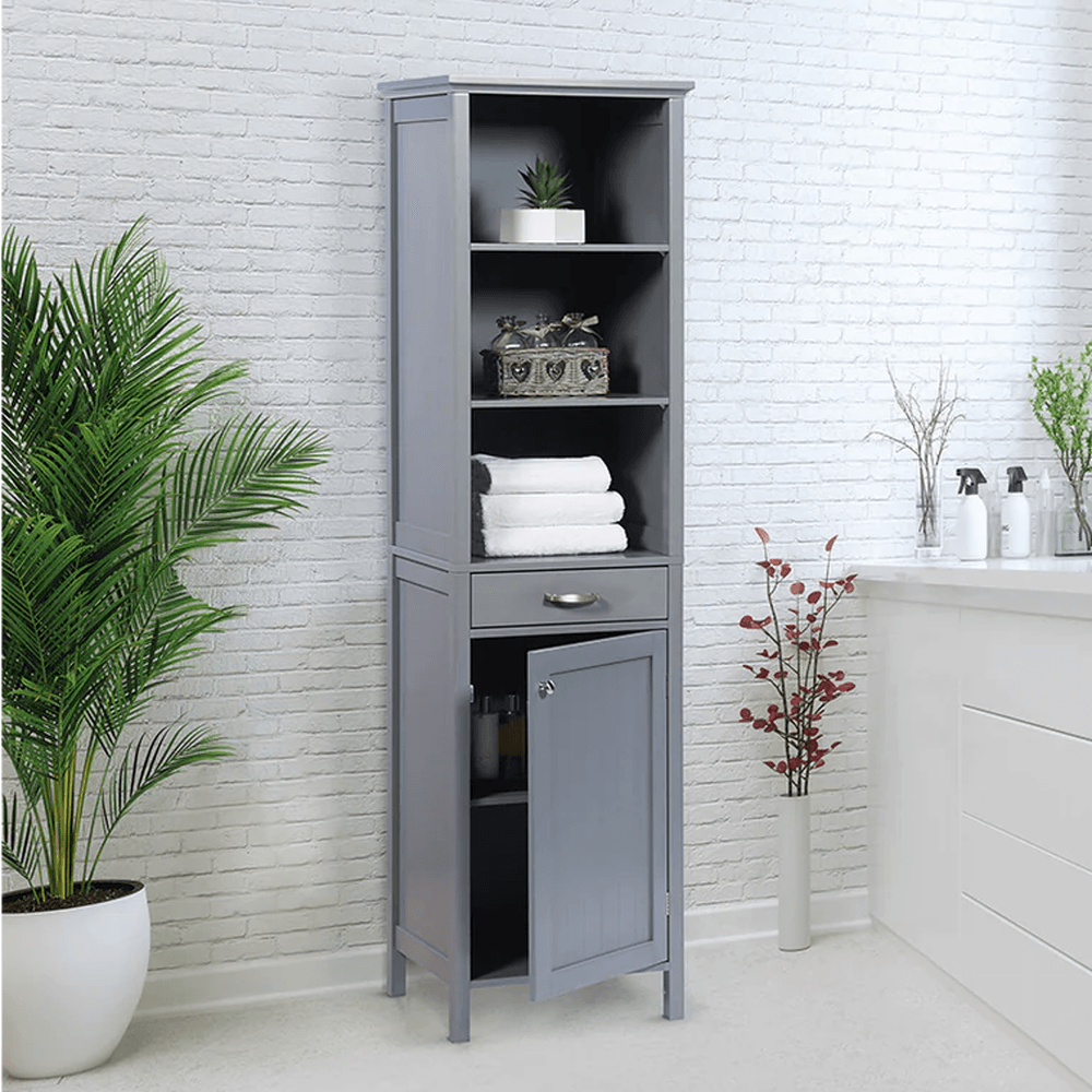 Greenhurst Tall Storage Cabinet – Bathroom Floor Standing Unit with Drawer & Shelves (Grey) - 4613