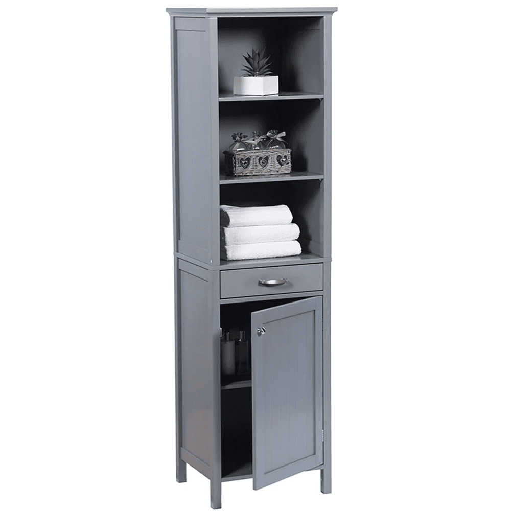 Greenhurst Tall Storage Cabinet – Bathroom Floor Standing Unit with Drawer & Shelves (Grey) - 4613