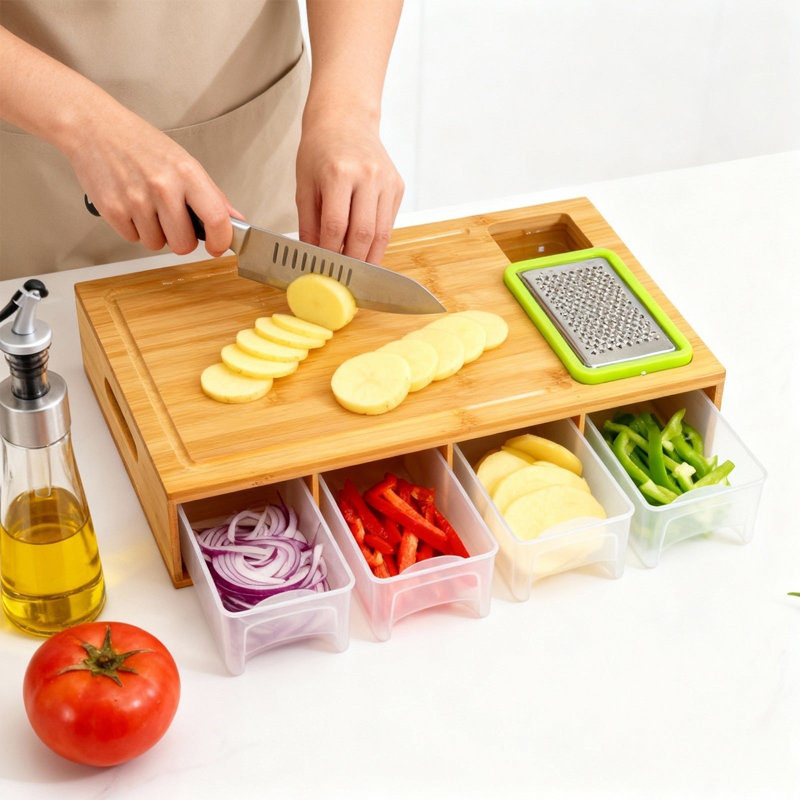 Large Bamboo Chopping Board with 4 Containers & Graters – Kitchen Cutting Board Set