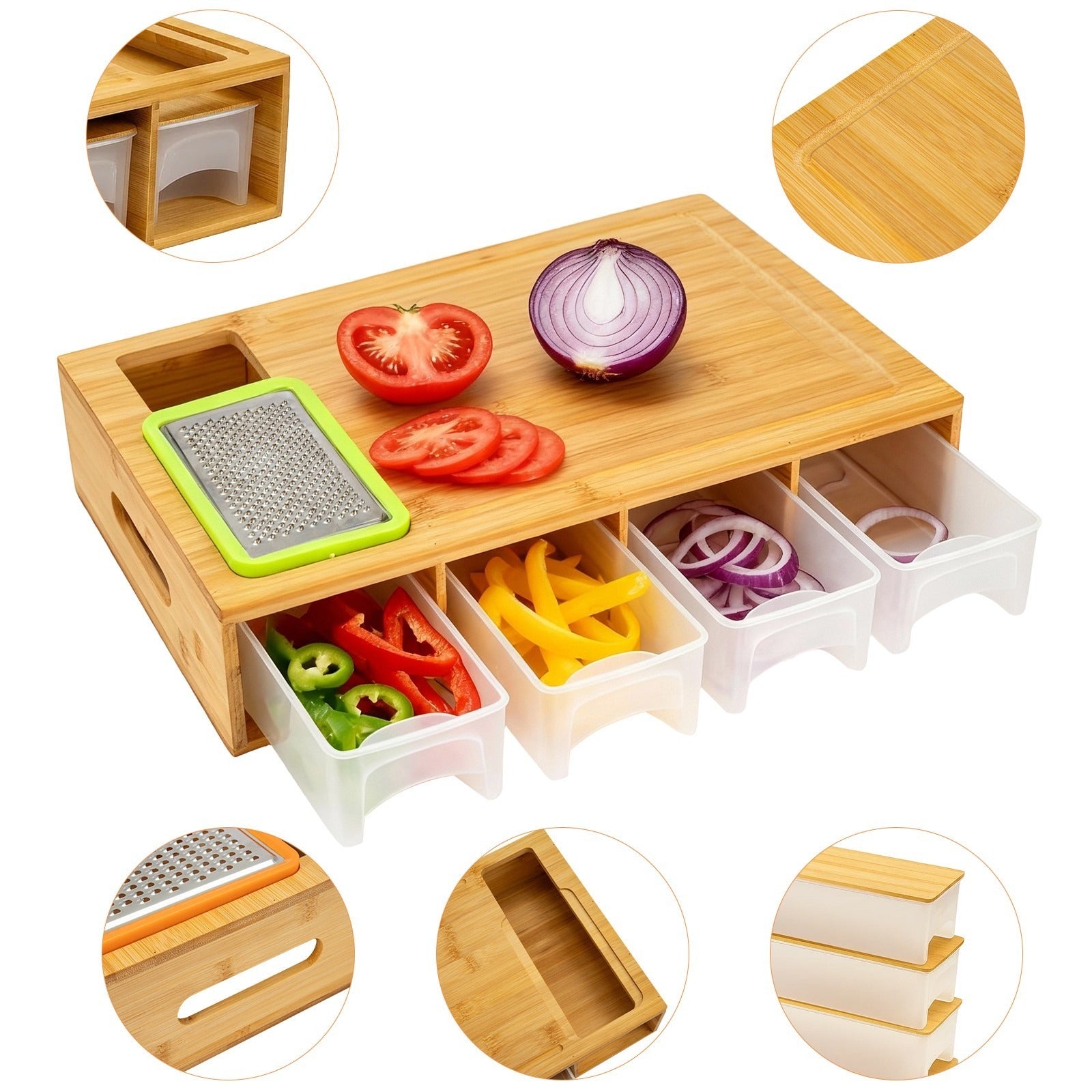 Large Bamboo Chopping Board with 4 Containers & Graters – Kitchen Cutting Board Set