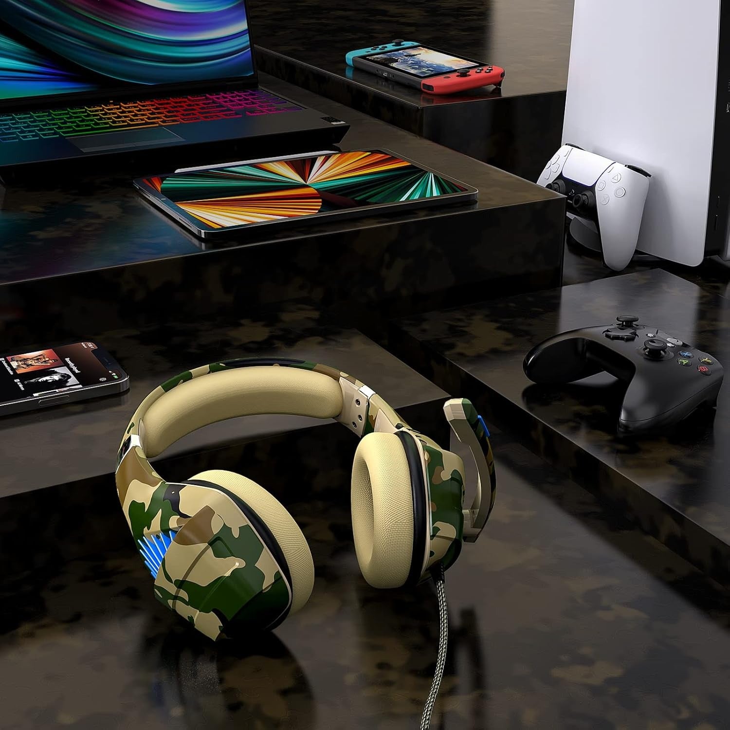 Beexcellent GM-500 Gaming Headset for PS5, PS4, Xbox One, Switch & PC – Camo Stereo Gaming Headphones with Noise Cancelling Mic