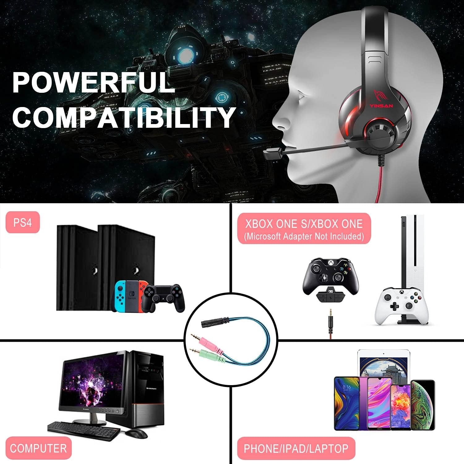 YINSAN TM-7 aming Headset with Microphone – Stereo Wired Gamer Headphones for PS5, PS4, Xbox One, Nintendo Switch & PC