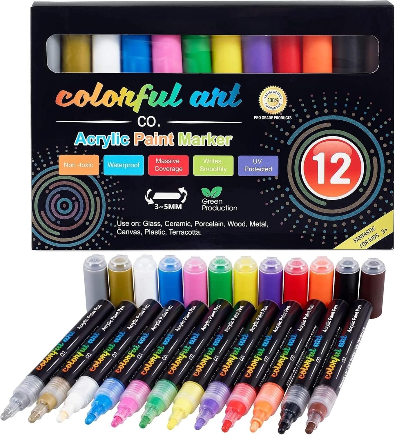 Colorful Art Co. Acrylic Paint Pens – 12 Pack Permanent Waterproof Paint Markers with Dual Tips