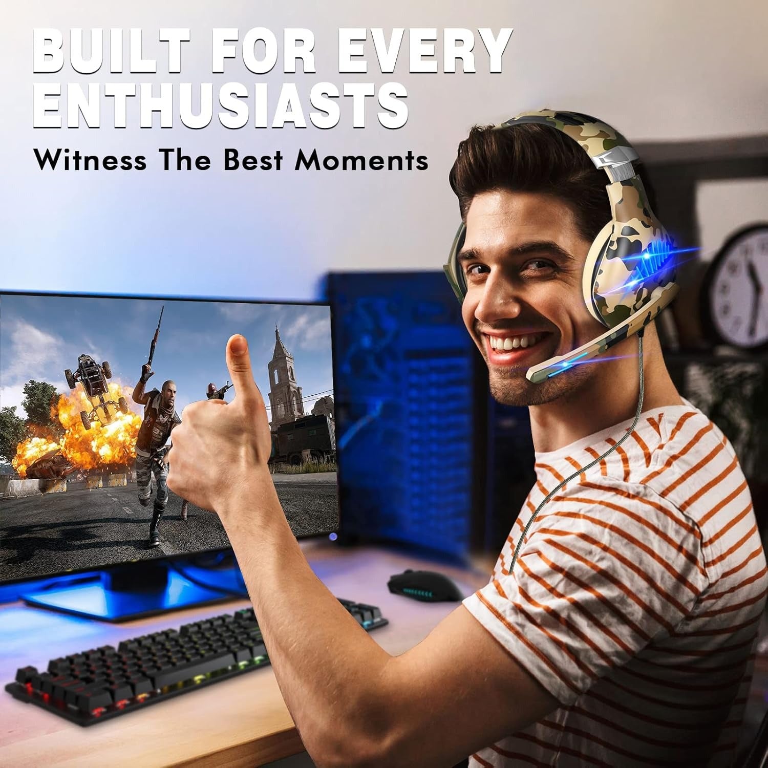 Beexcellent GM-500 Gaming Headset for PS5, PS4, Xbox One, Switch & PC – Camo Stereo Gaming Headphones with Noise Cancelling Mic