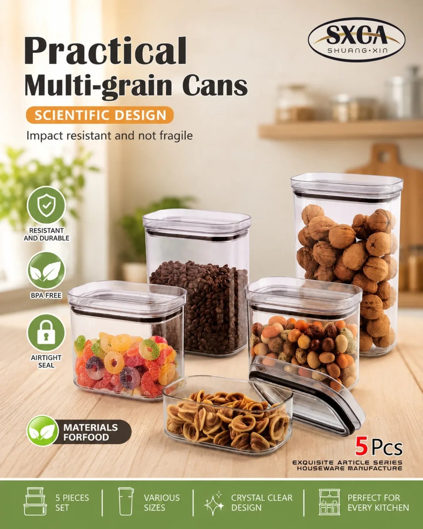 Set of 5 Airtight Food Storage Containers – BPA Free Kitchen Storage Jars for Cereals, Pasta, Snacks & Dry Food