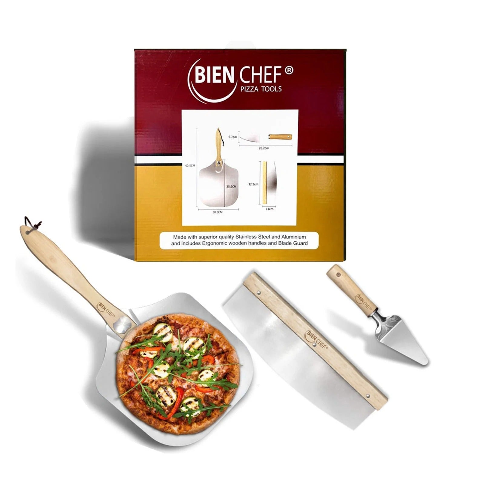 Aluminium Pizza Peel Set with Stainless Steel Rocker Cutter & Wooden Handles – Pizza Oven Tool Kit