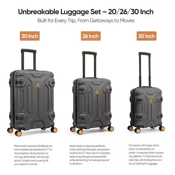 3 Piece Unbreakable Hard Shell Luggage Set – 20", 26" & 30" Spinner Suitcases