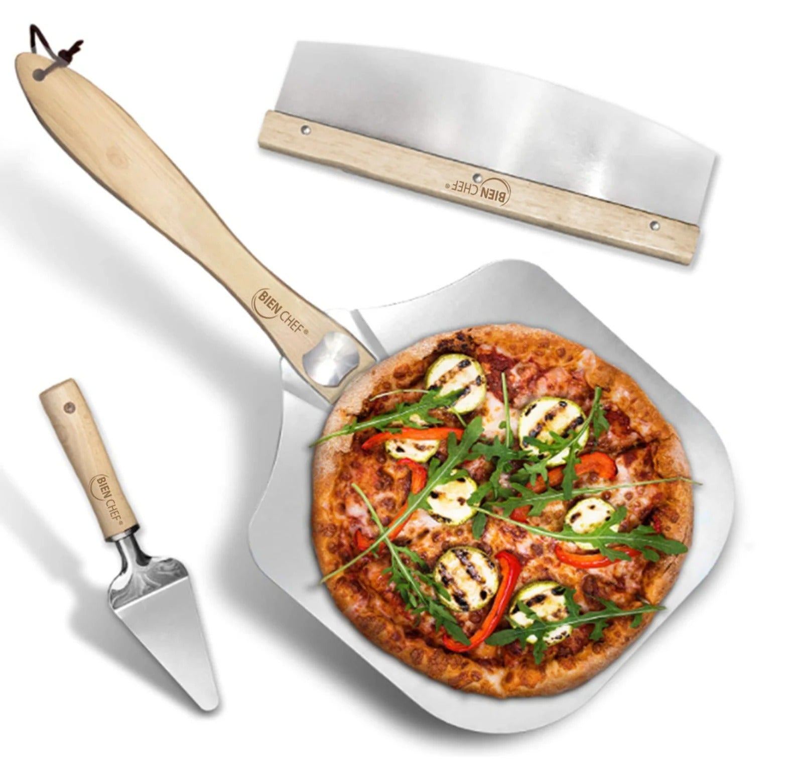 Aluminium Pizza Peel Set with Stainless Steel Rocker Cutter & Wooden Handles – Pizza Oven Tool Kit