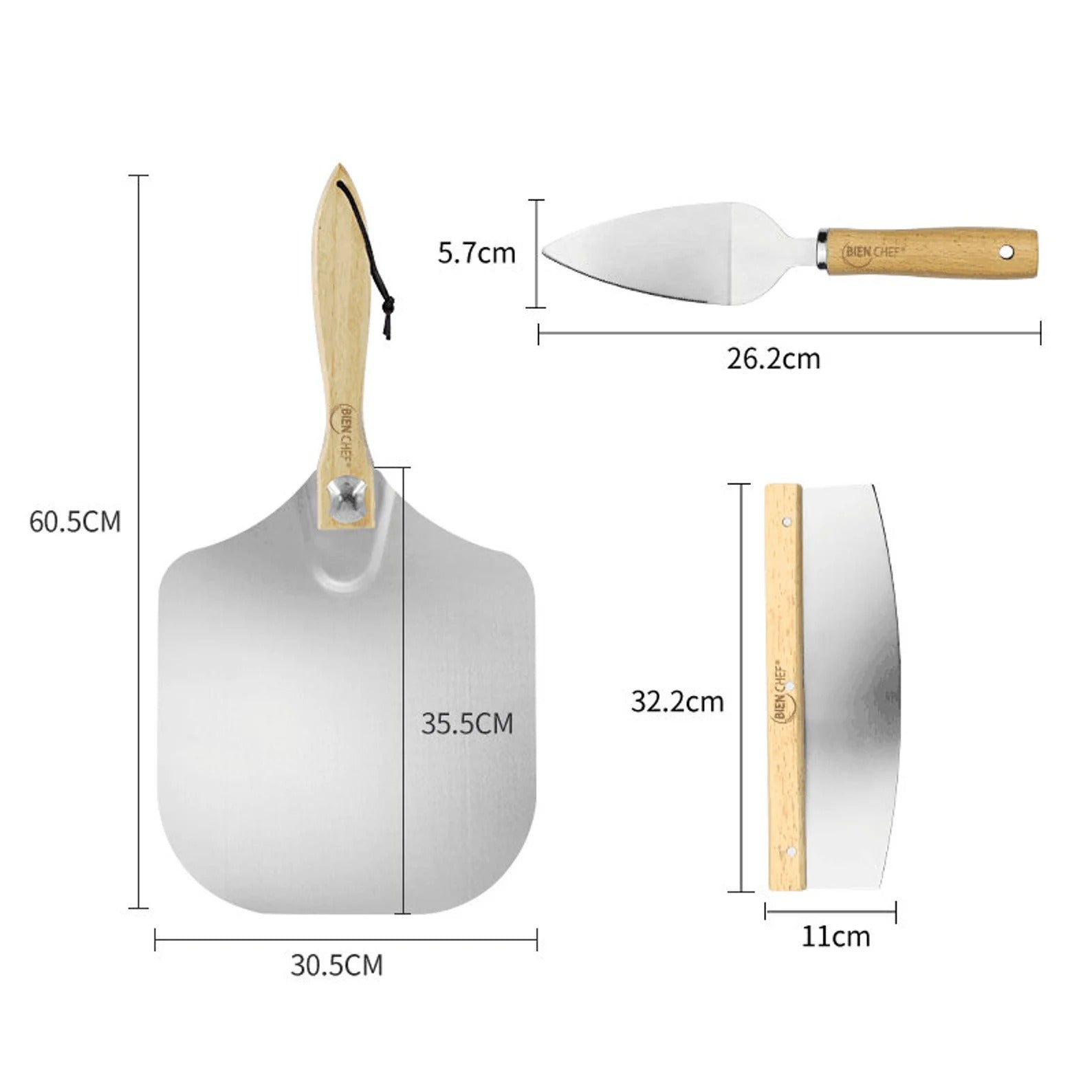 Aluminium Pizza Peel Set with Stainless Steel Rocker Cutter & Wooden Handles – Pizza Oven Tool Kit