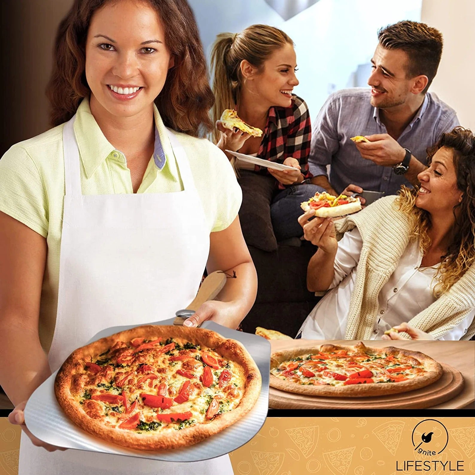 Aluminium Pizza Peel Set with Stainless Steel Rocker Cutter & Wooden Handles – Pizza Oven Tool Kit