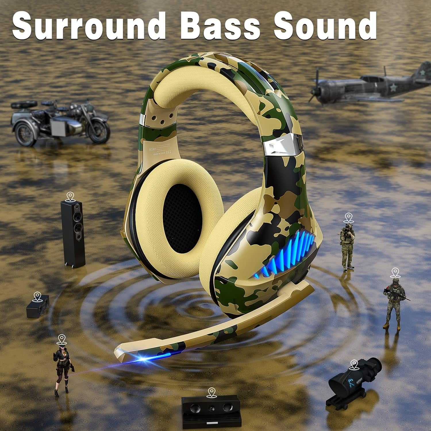 Beexcellent GM-500 Gaming Headset for PS5, PS4, Xbox One, Switch & PC – Camo Stereo Gaming Headphones with Noise Cancelling Mic