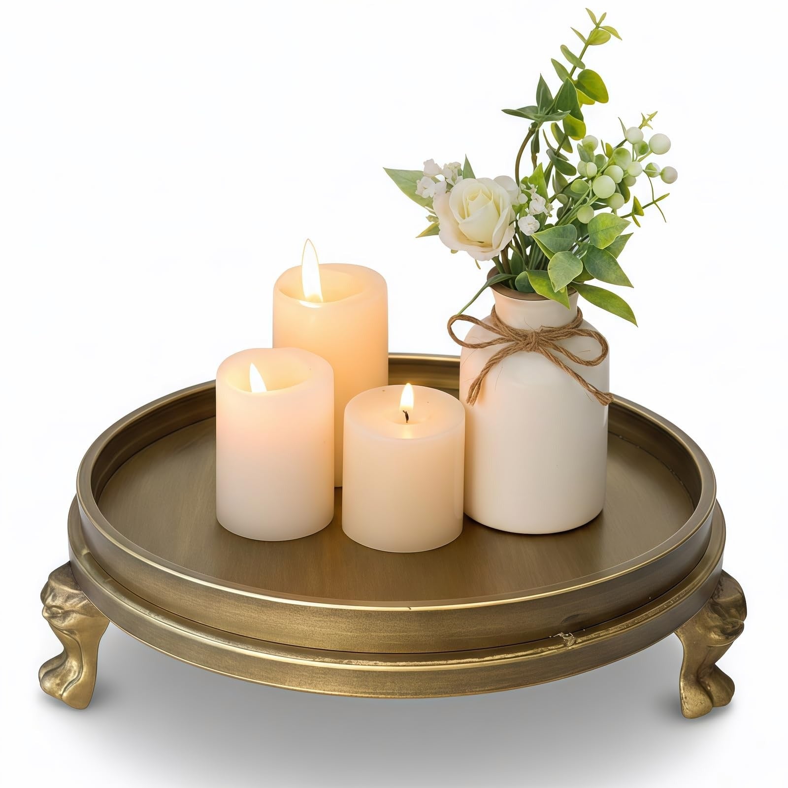 Brass Color Decorative Tray – 11.8‑Inch Round Metal Serving Tray with Claw Feet